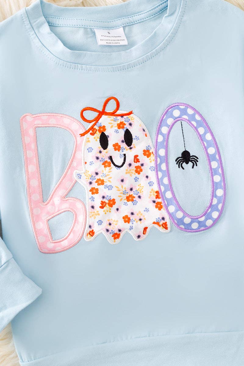 "BOO" Boo applique girls sweatshirt and floral flare bell bottoms