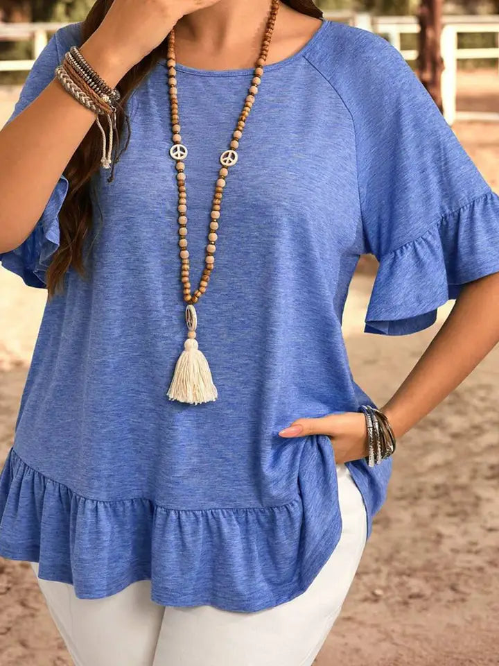 Dusk Blue Ruffled Short Sleeve Plus Size Casual Blouse Tops