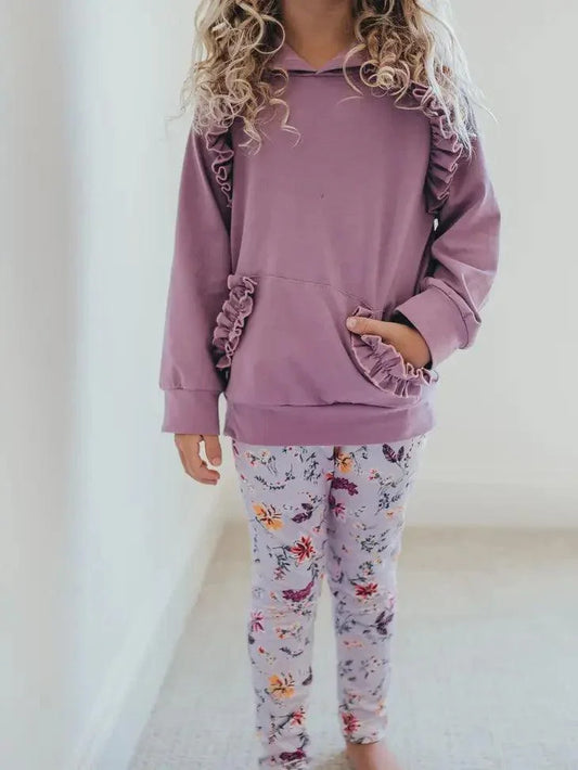 Kids Lavender Floral Ruffle Hoodie Shirt and Leggings Set Clothing Set