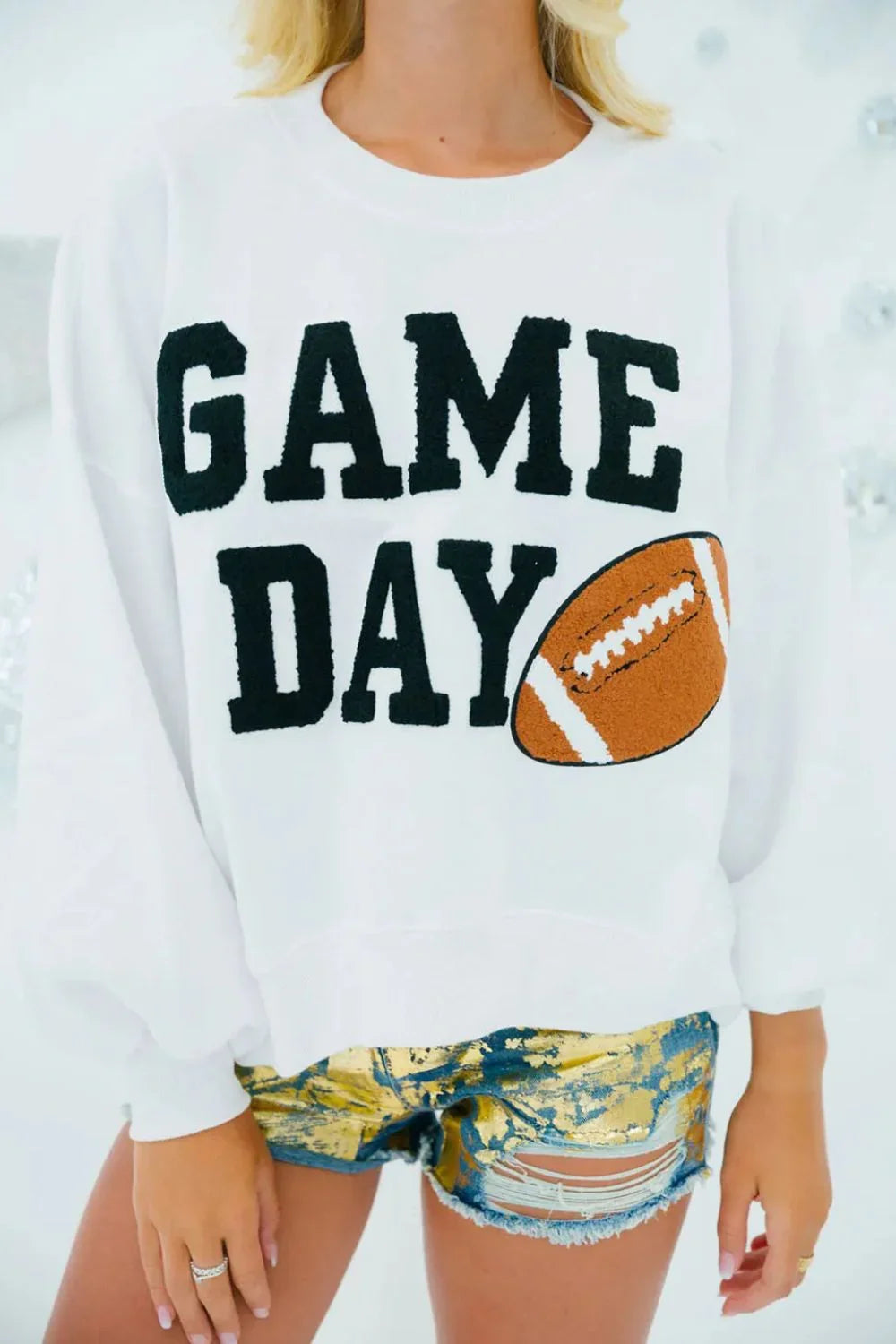 GAME DAY Round Neck Long Sleeve Sweatshirt Sweatshirt White