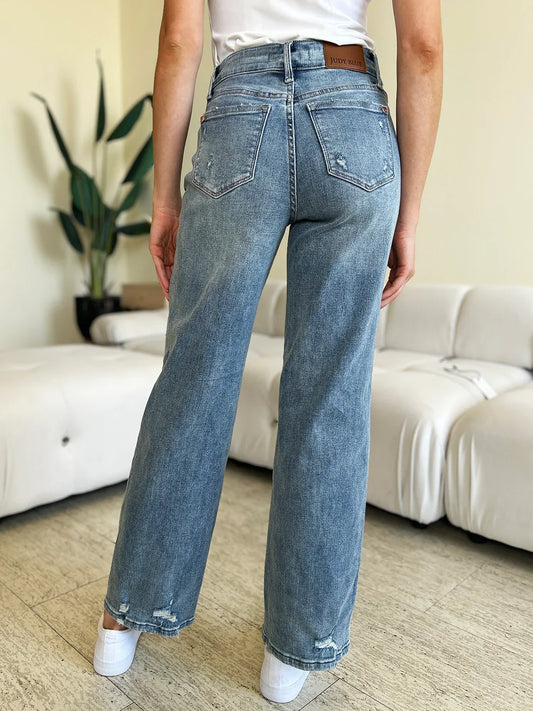 Judy Blue Full Size Mid Rise Distressed Straight Jeans Judy Blue