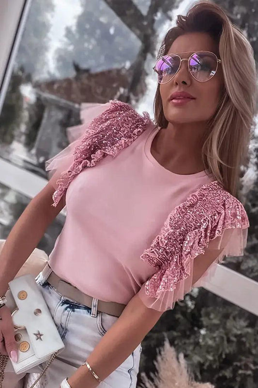 Pink Sequined Ruffle Mesh Sleeves Top shirt