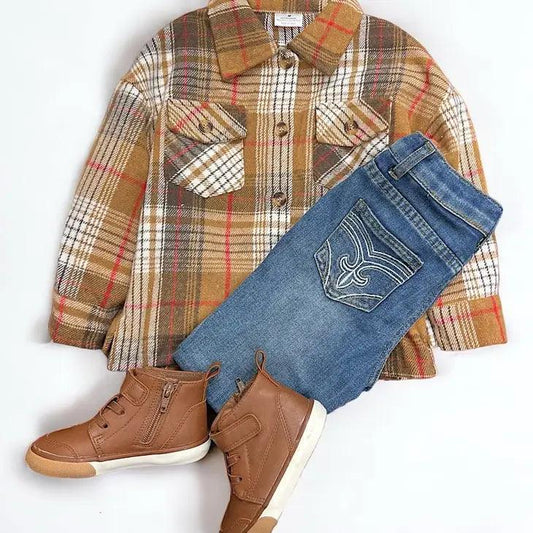 Unisex/ Brown Plaid Button Up Shirt shirt 12-14Y