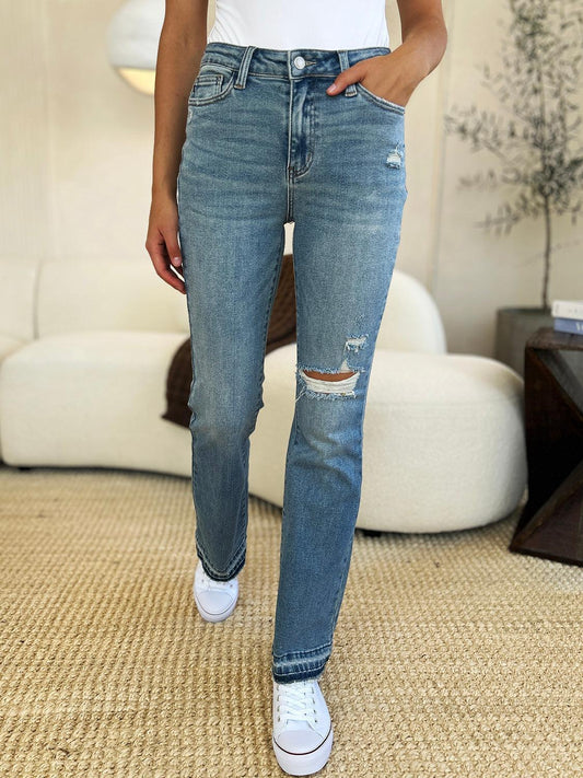 Judy Blue Full Size Mid Rise Destroyed Hem Distressed Jeans Judy Blue
