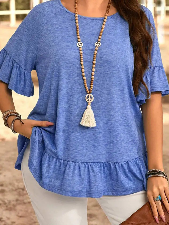 Dusk Blue Ruffled Short Sleeve Plus Size Casual Blouse Tops