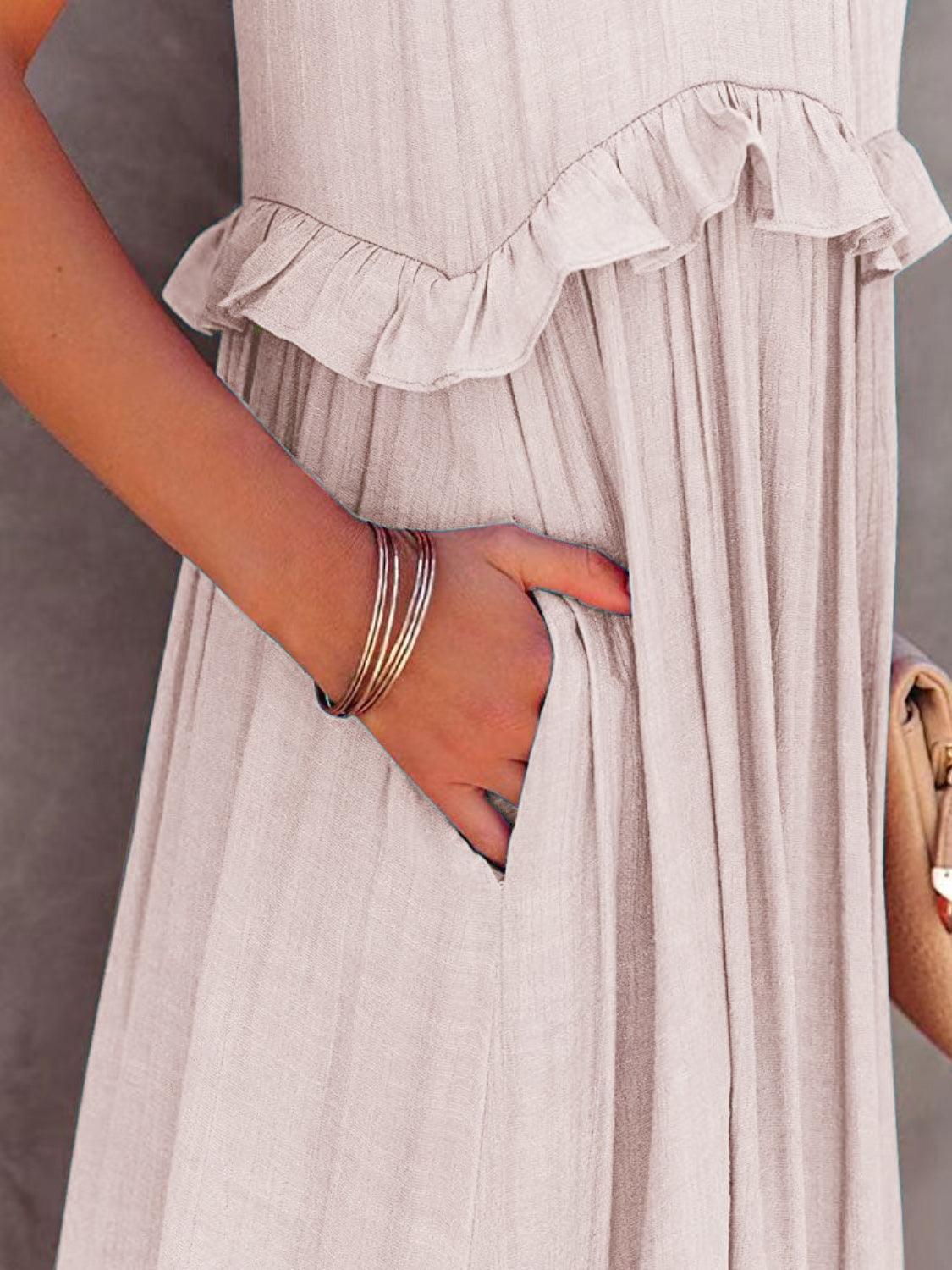 Ruffled Sleeveless Tiered Maxi Dress with Pockets Dress