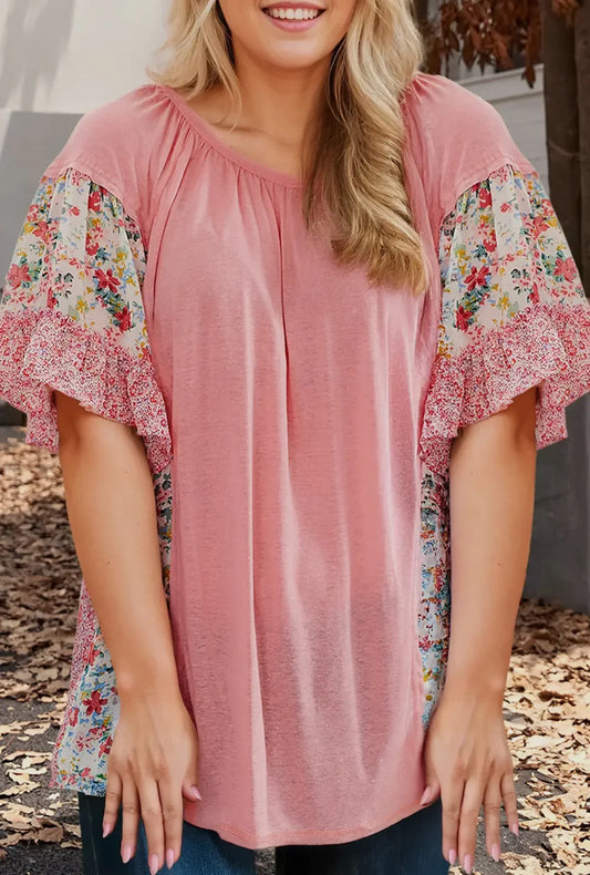 Plus Floral Patchwork Ruffled Short Sleeve Blouse
