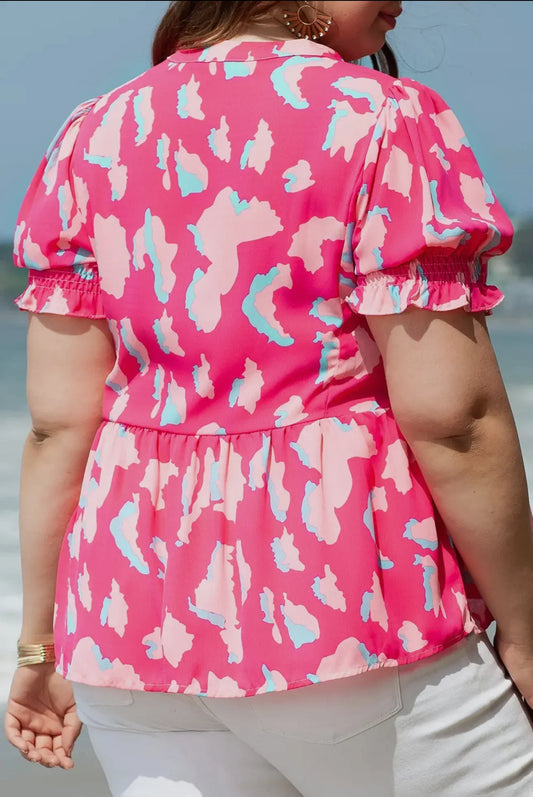Abstract Print Puff Sleeve V-neck Blouse Tops