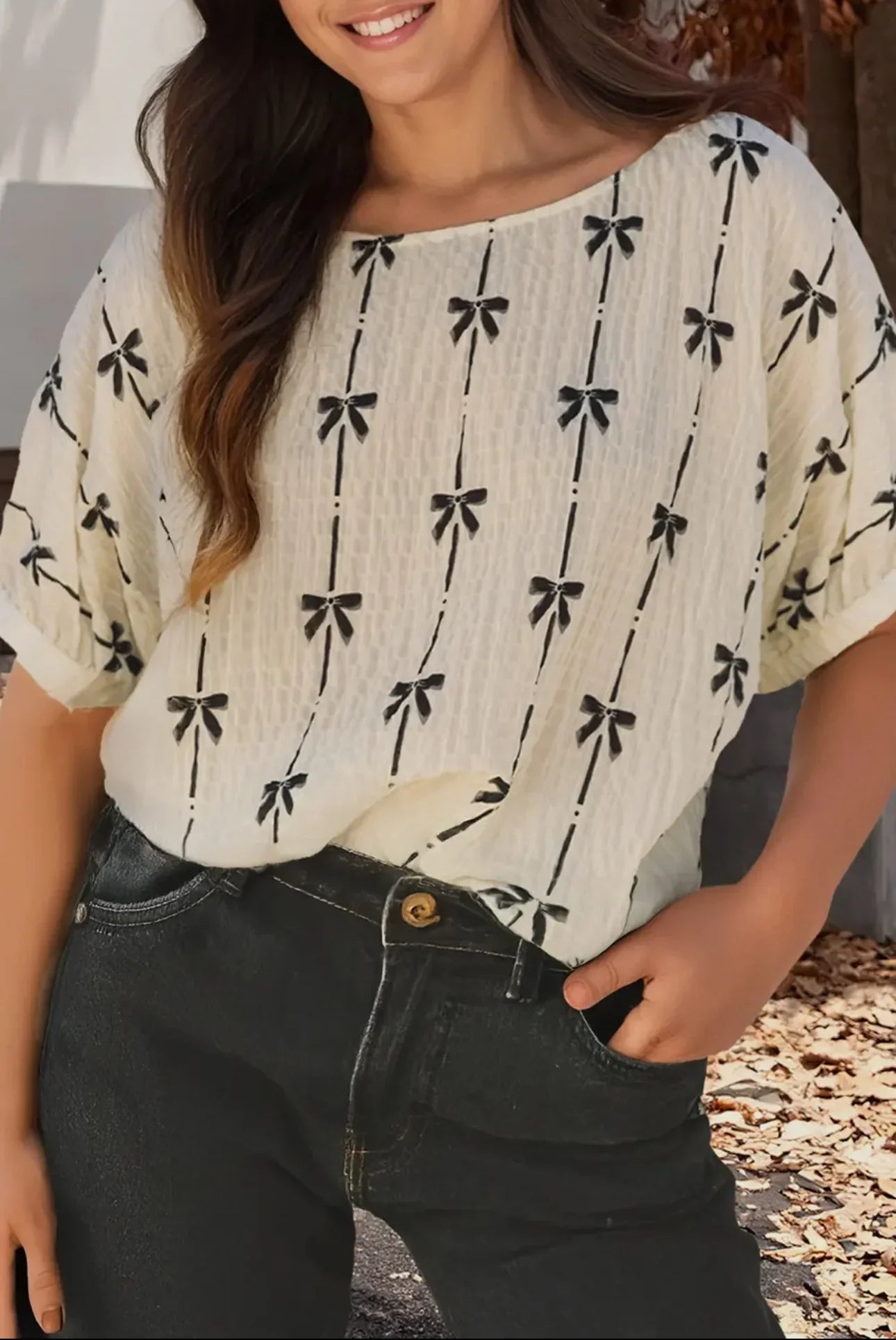 Bow Print Striped Round Neck Puff Short Sleeve Women’s Top Tops