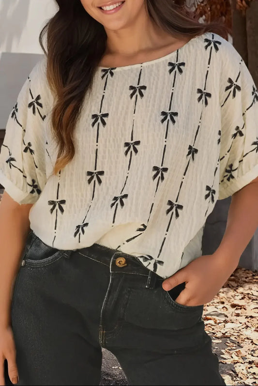Bow Print Striped Round Neck Puff Short Sleeve Women’s Top Tops