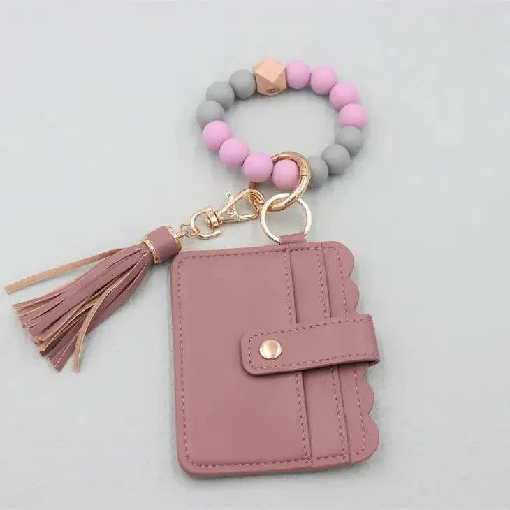 Silicone Beaded Wristlet Keychain Wallet wristlet keychain Taupe