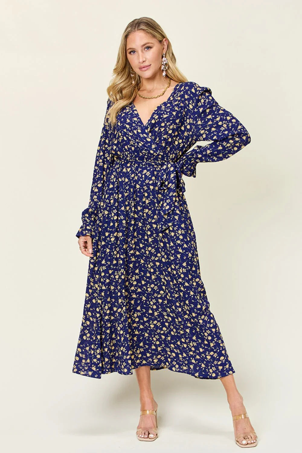 Double Take Full Size Tie Back Flounce Sleeve Dress Dress Dark Blue