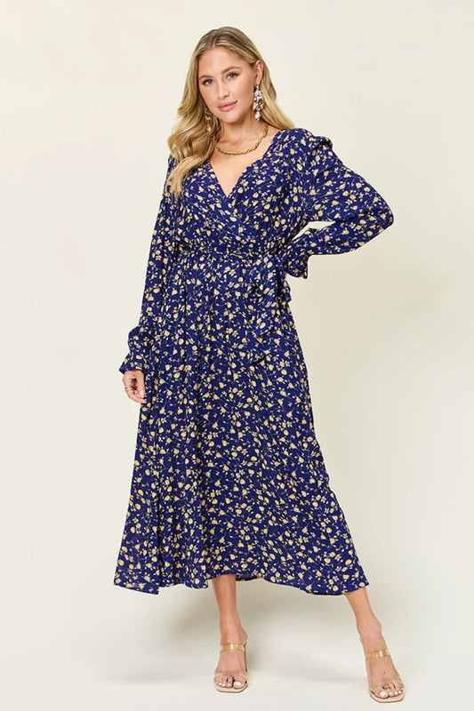Double Take Full Size Tie Back Flounce Sleeve Dress Dress Dark Blue