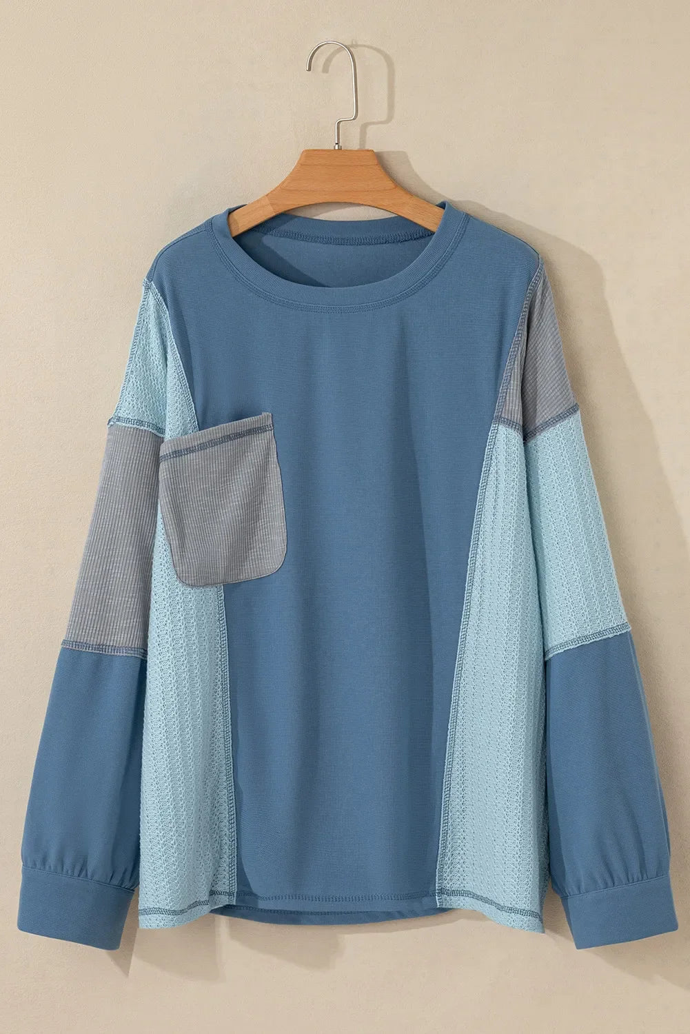 Patchwork Color Block Round Neck Long Sleeve Top Shirt
