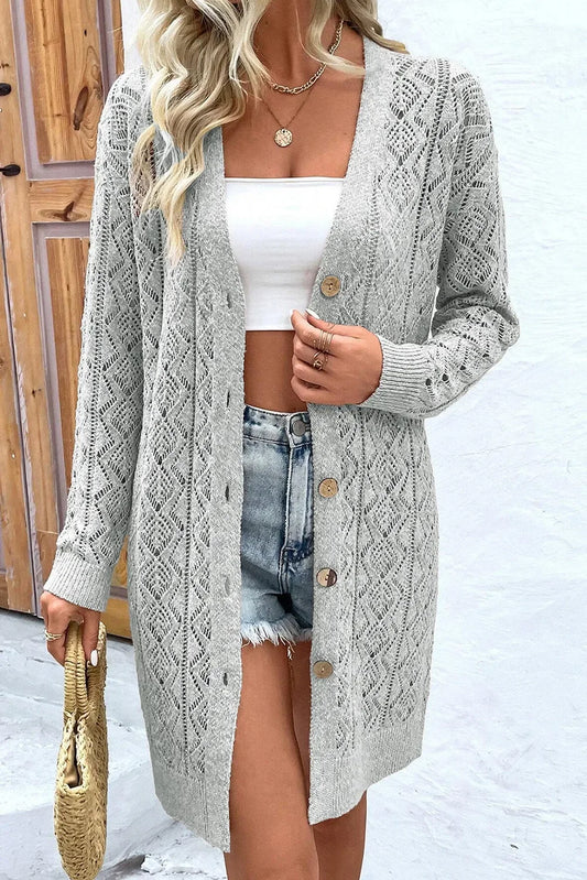 Openwork Button Down Long Sleeve Cardigan cardigan Gray