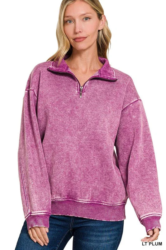 Zenana Acid Wash Half Zip Pillover pullover LT Plum
