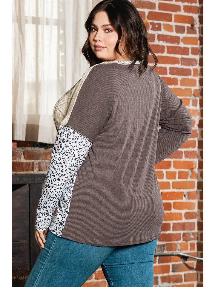 Plus Size Leopard Waffle Ribbed Knit Patchwork Top Tops