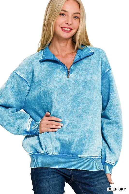 Zenana Acid Wash Half Zip Pillover pullover Deep Sky