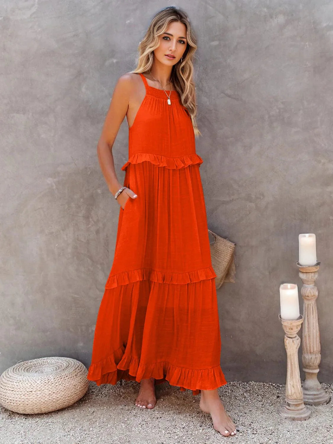 Ruffled Sleeveless Tiered Maxi Dress with Pockets Dress