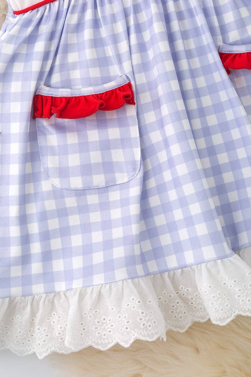 Crayon embroidered dress with gingham print & front pockets