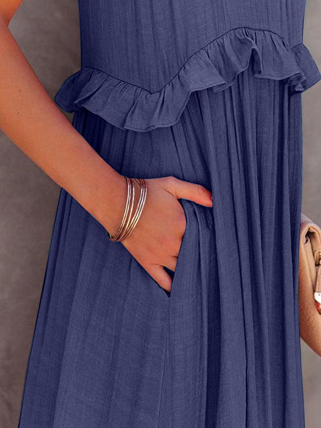 Ruffled Sleeveless Tiered Maxi Dress with Pockets Dress