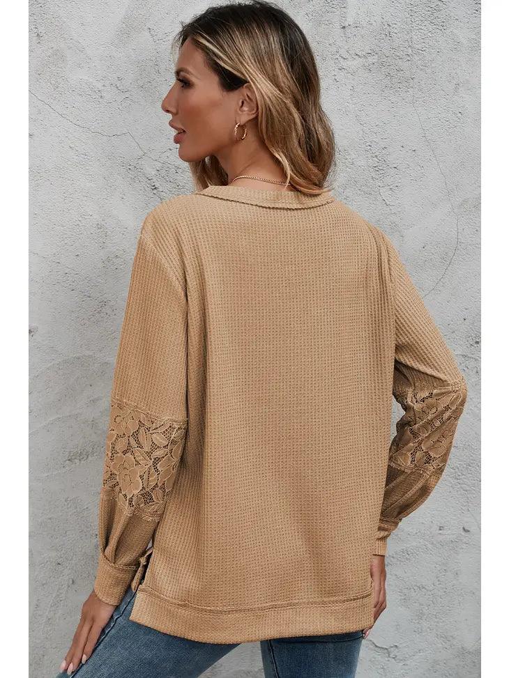 Apricot Lace Waffle Patchwork Strappy V Neck Long Sleeve Top shirt