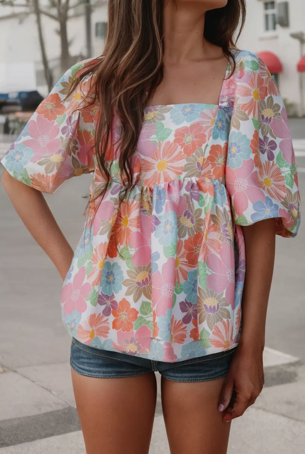 Floral Puff Sleeve Square Neck Babydoll Blouse