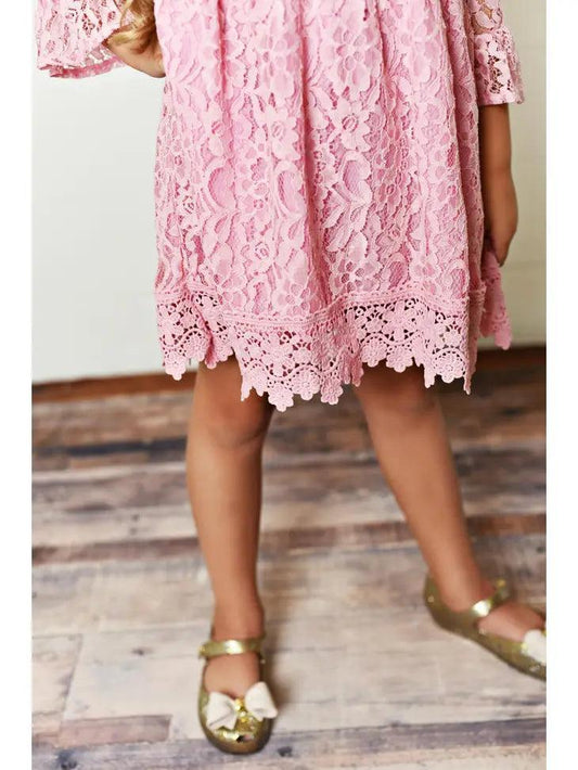 Kids Light Pink Lace Knee Length Fancy Dress Dress