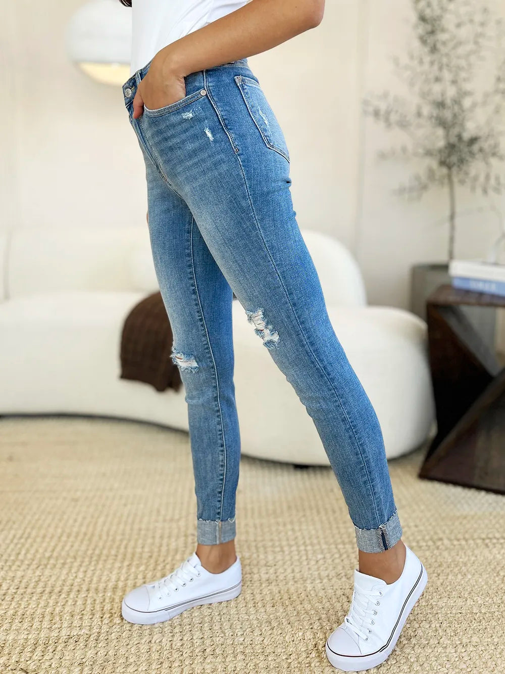 Judy Blue Full Size Mid Rise Destroy & Cuff Skinny Jeans Judy Blue