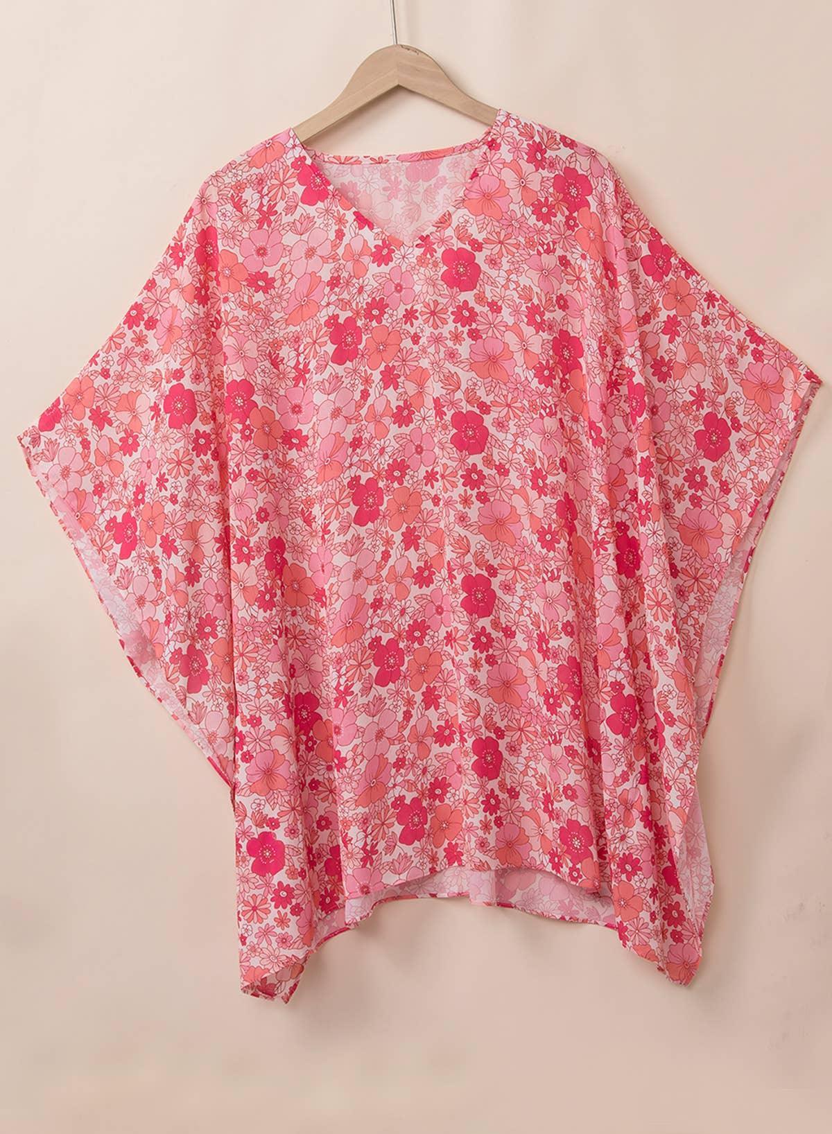 Boho Floral V Neck Kimono Style Blouse Shirt