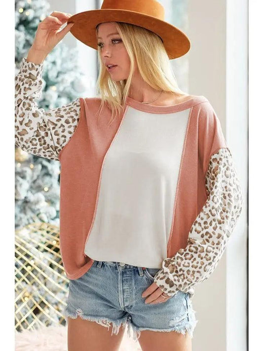 Colorblock Leopard Sleeve Patchwork Top shirt
