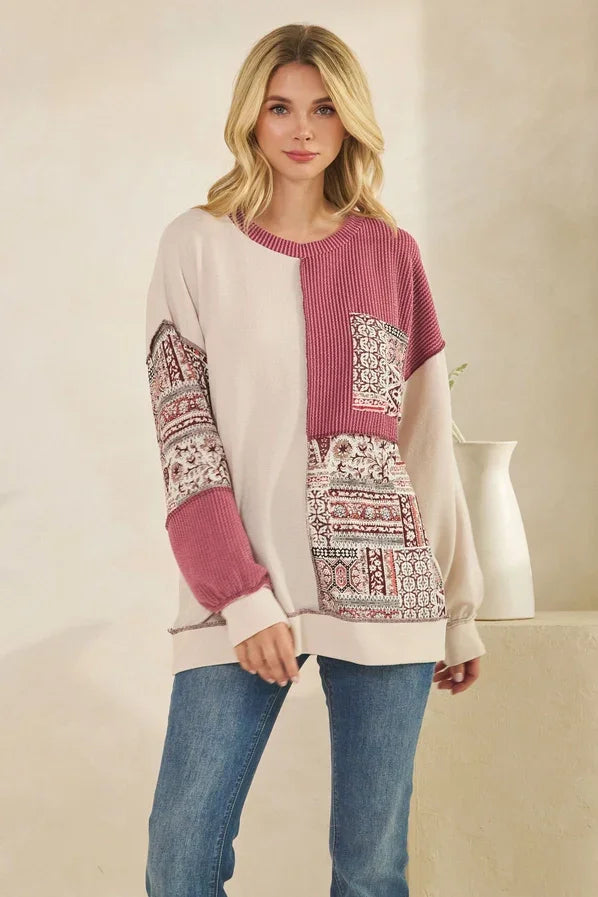 Patchwork Knit Long Sleeve Pullover Top - Oatmeal & Burgundy Color Block Sweater Tops