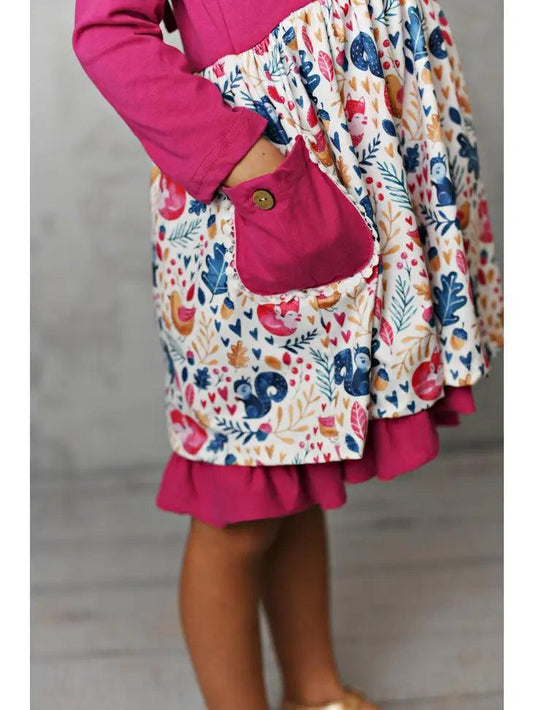 Kids Bright Pink Woodland Animal Print Pocket Dress Dress