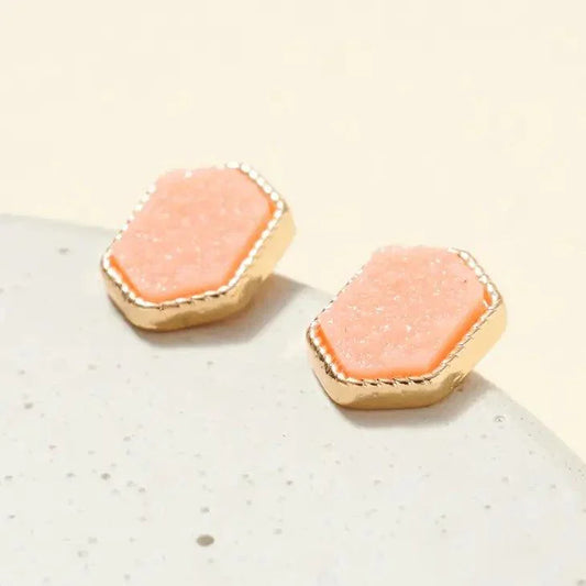 Hexagon Druzy Stone Stud Earrings Pink (GDDPE)