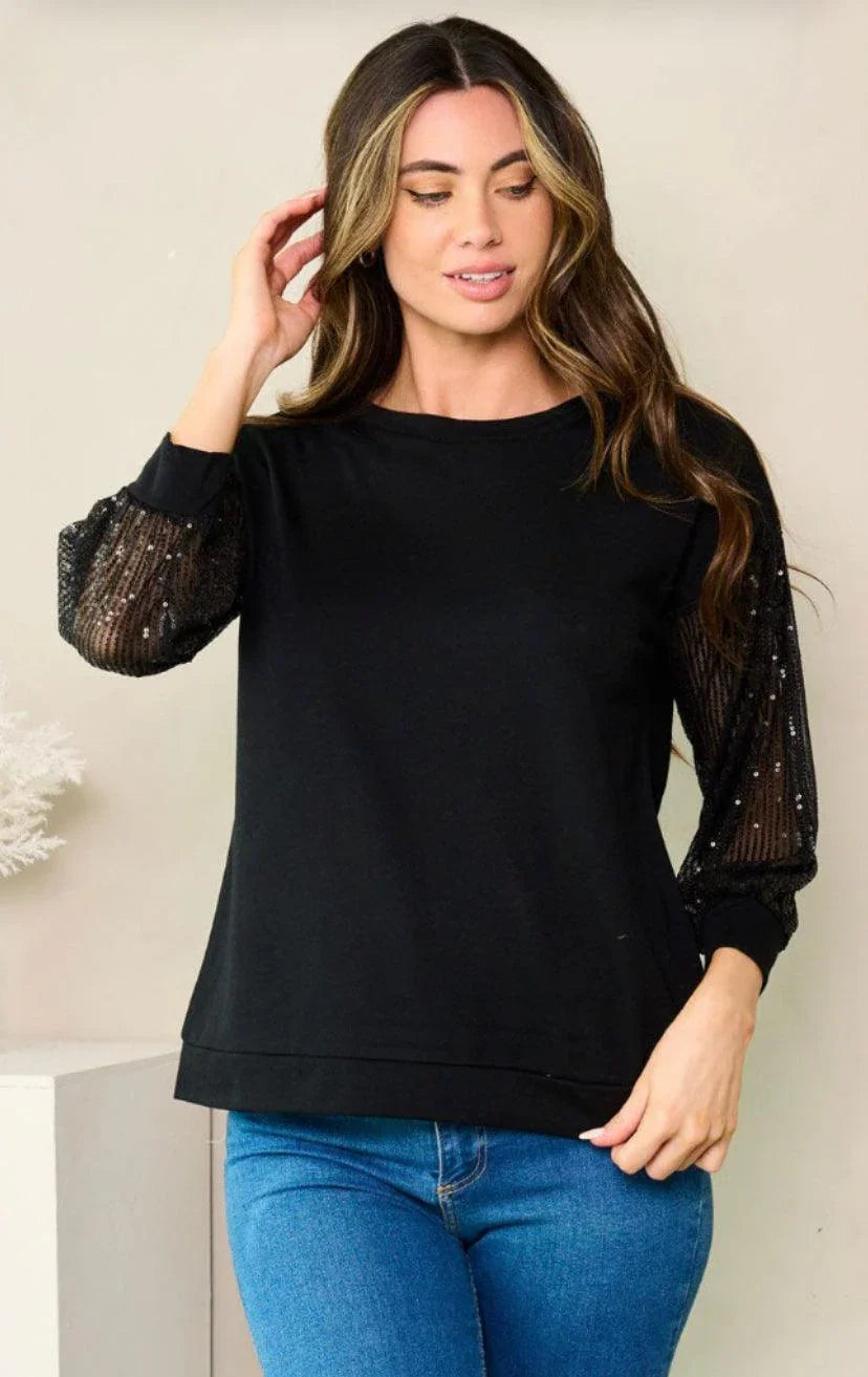 WOMEN'S 3/4 SEQUINS SLEEVES SOLID TOP shirt Black