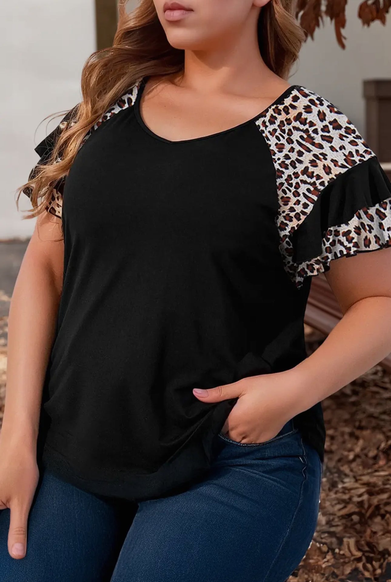 Leopard Ruffle Patchwork Sleeve Summer Top
