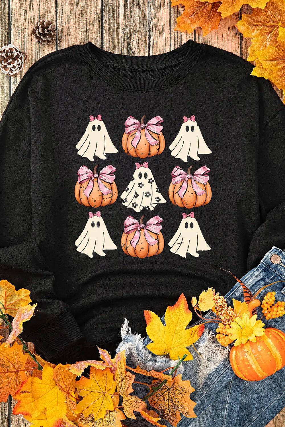 Pumpkin & Ghost Round Neck Long Sleeve Sweatshirt Graphic T-Shirts