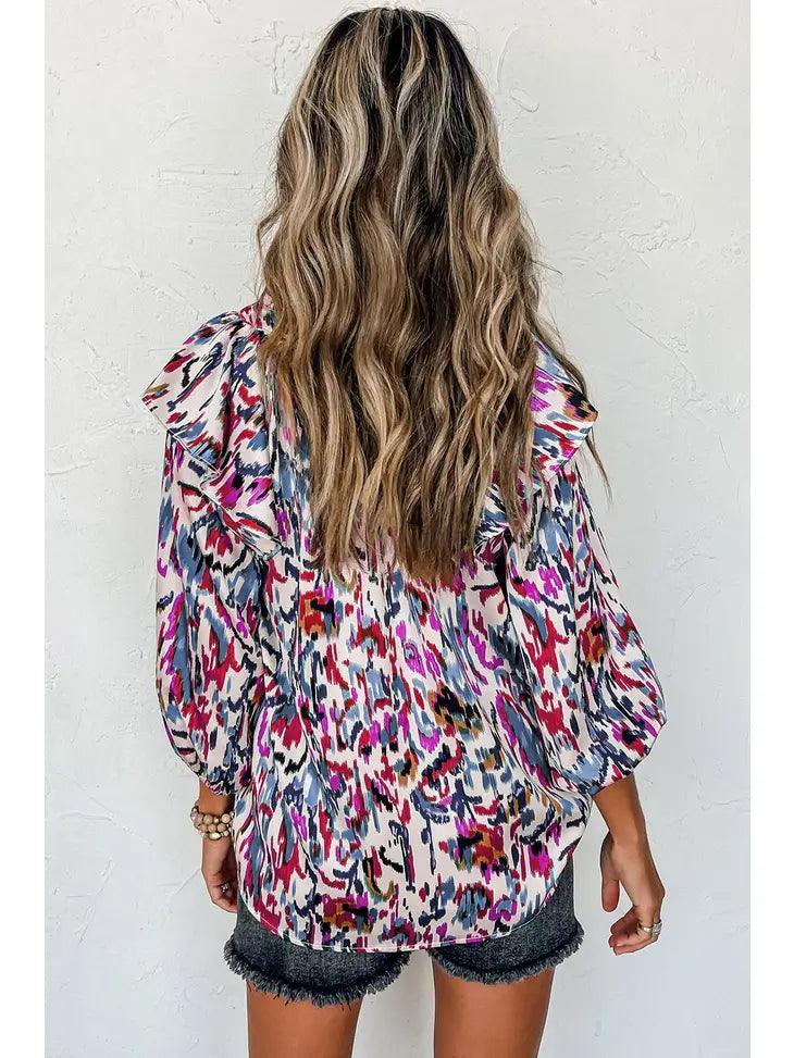 Abstract Print 3/4 Puff Sleeve Ruffle Blouse shirt