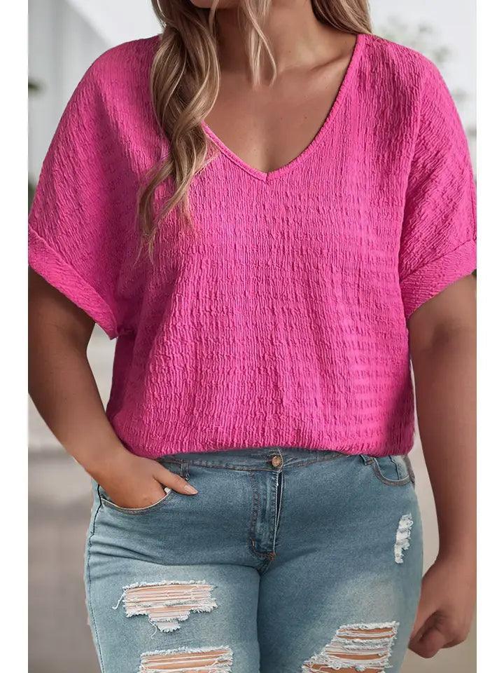 Plus Size Textured Folded Sleeve V Neck Shirt shirt 3X