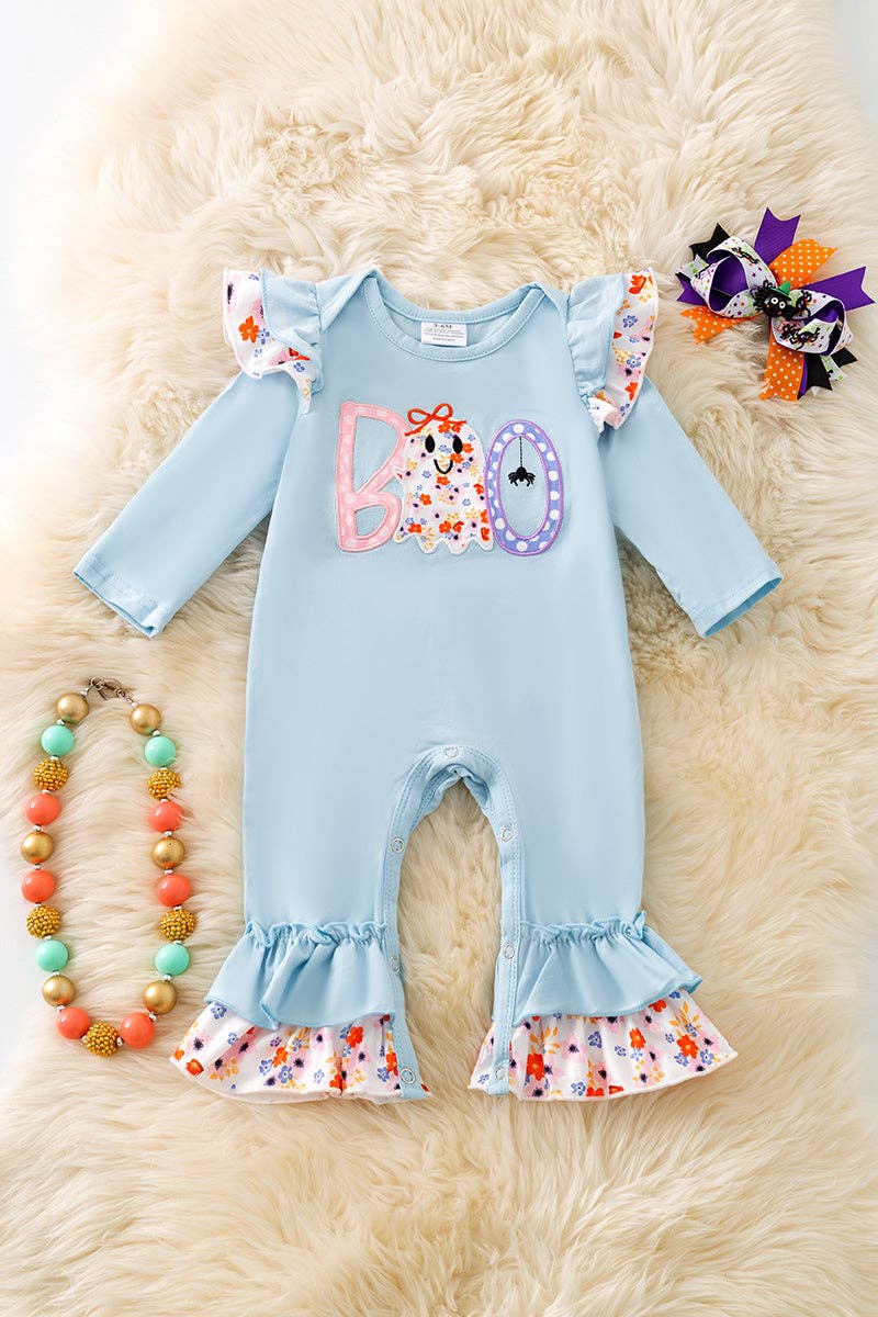 "BOO" Boo applique on Lt. Blue baby romper with floral trim