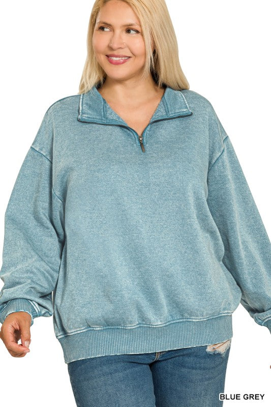 Zenana Plus Acid Wash Half Zip Pillover pullover Blue Grey 1X