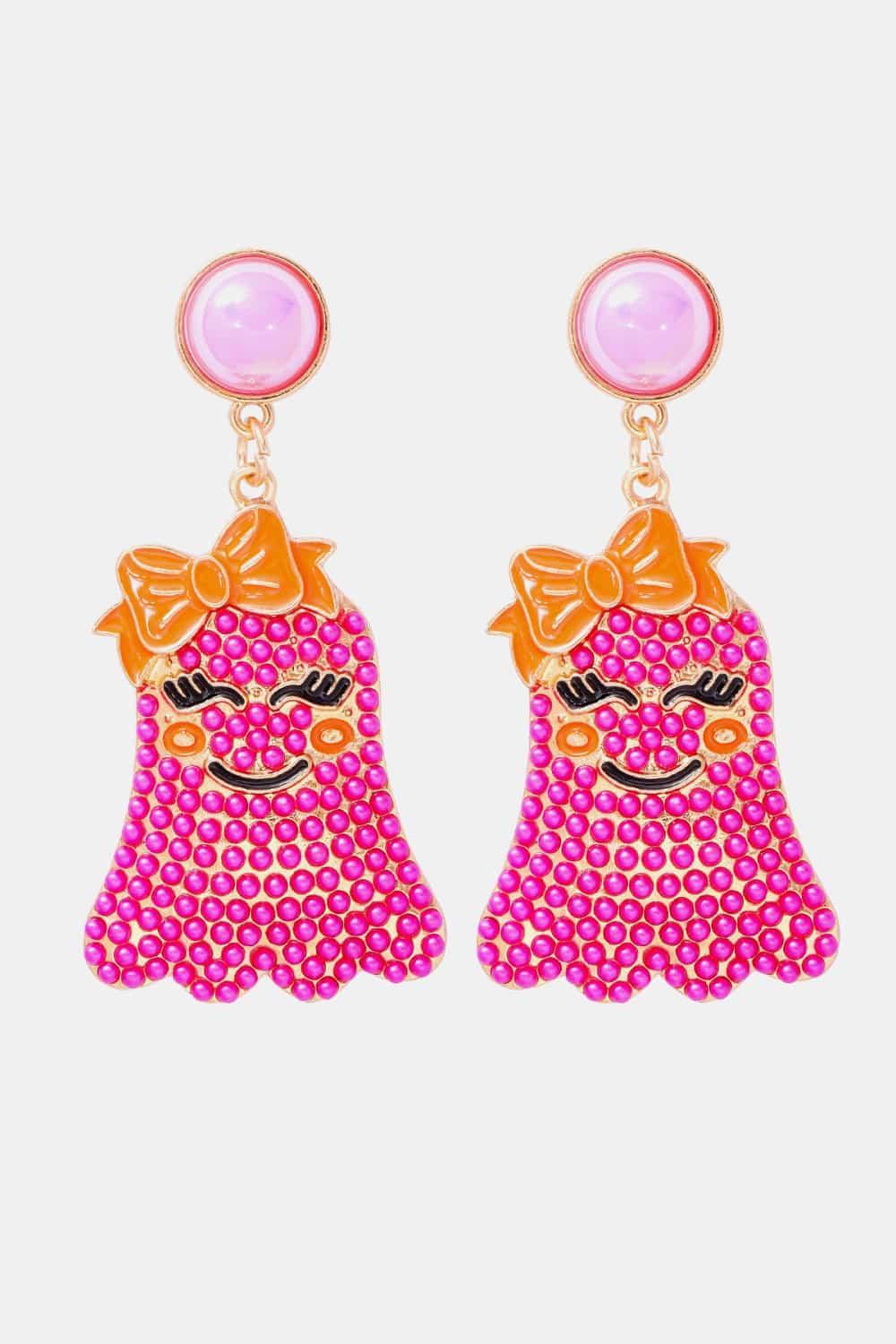 Smiling Ghost Shape Synthetic Pearl Earrings Earrings Hot Pink One Size