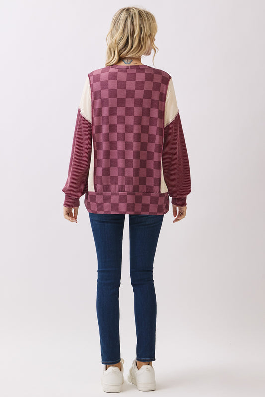 Checkered Print Long Sleeve Pullover Top Tops