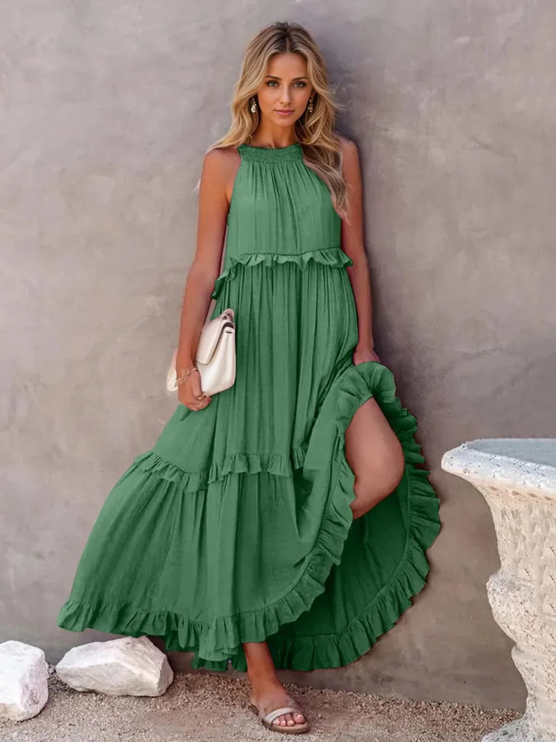 Ruffled Sleeveless Tiered Maxi Dress with Pockets Dress Dark Green