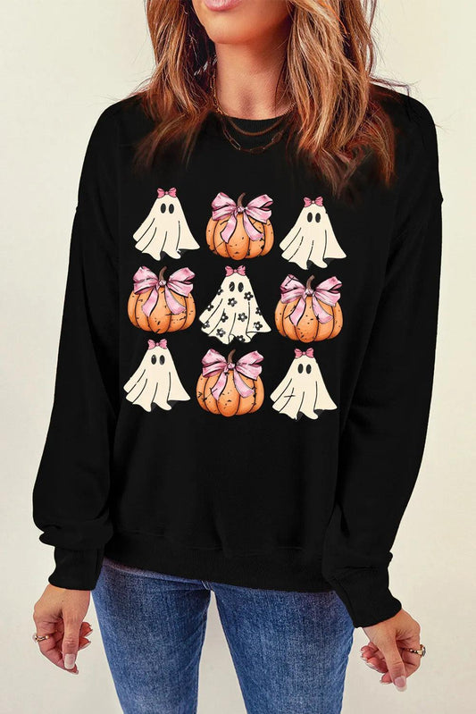 Pumpkin & Ghost Round Neck Long Sleeve Sweatshirt Graphic T-Shirts Black