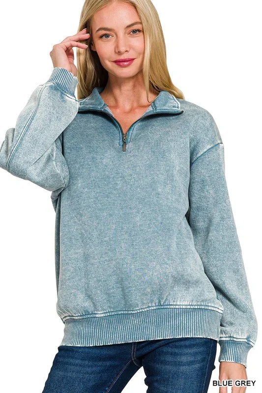 Zenana Acid Wash Half Zip Pillover pullover Blue Grey