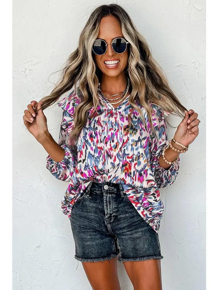 Abstract Print 3/4 Puff Sleeve Ruffle Blouse shirt