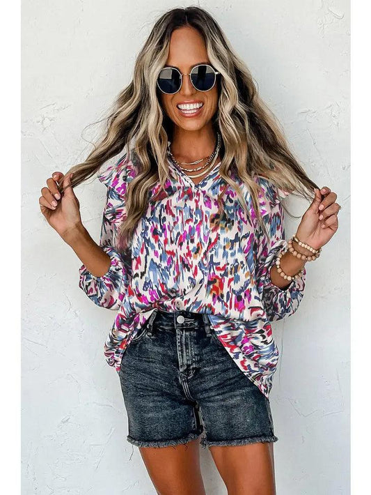 Abstract Print 3/4 Puff Sleeve Ruffle Blouse shirt