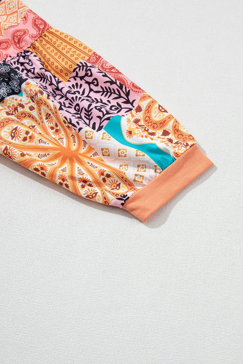 Orange Boho Paisley Mix Print Raglan Sleeve Ruffled Blouse Tops