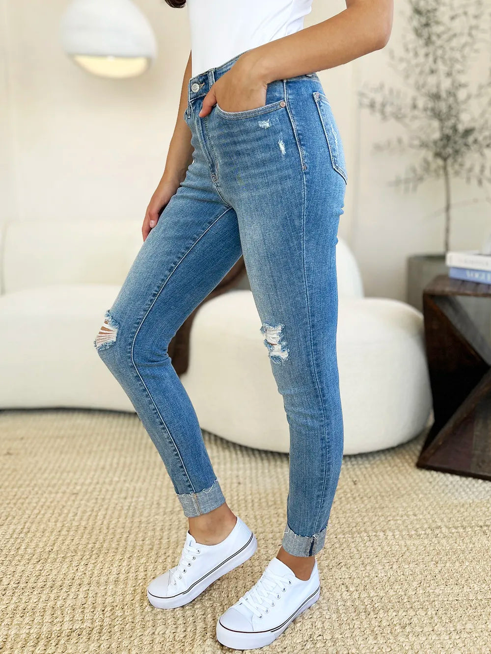 Judy Blue Full Size Mid Rise Destroy & Cuff Skinny Jeans Judy Blue